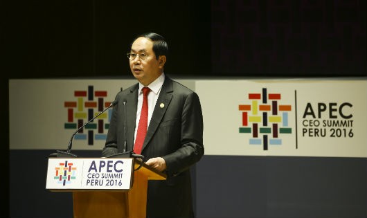 Chủ tịch nước phát biểu tại Hội nghị Thượng đỉnh doanh nghiệp APEC. Ảnh: APEC