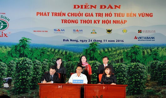 Lễ ký kết thỏa thuận giữa VietABank với các đơn vị liên quan để phát triển giá trị của cây hồ tiêu