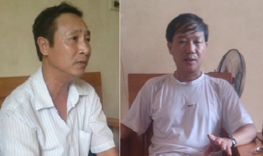 Anh Đinh Xuân Thọ (trái) kể lại sự việc ngày xảy ra vụ nổ với PV và anh Hoàng Văn Diếng nhớ lại ngày Tân nhận tội đã đổ oan cho anh Hùng