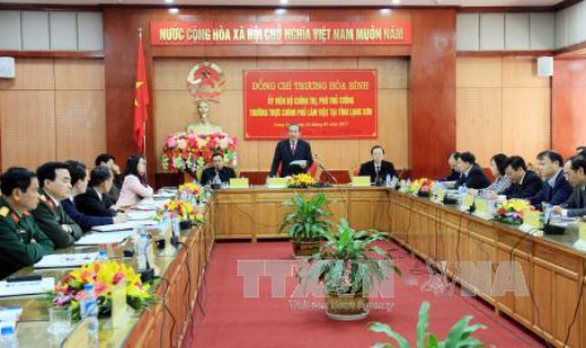 Phó Thủ tướng Thường trực Chính phủ Trương Hòa Bình phát biểu tại buổi làm việc. Ảnh TTXVN