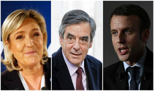 Các ứng cử viên Marine Le Pen (ngoài cùng bên trái), Francois Fillon (giữa) và 
Emmanuel Macron