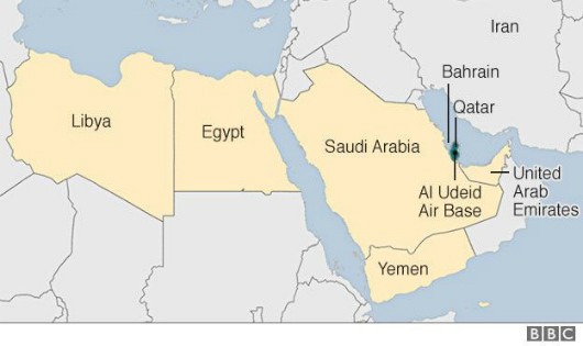 Bản đồ thể hiện vị trí các nước láng giềng vừa cắt đứt quan hệ ngoại giao với Qatar. Đồ họa: BBC/Zing
