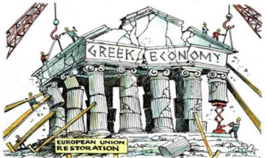 Một bức tranh biếm họa tình trạng kinh tế rất mong manh của Hy Lạp