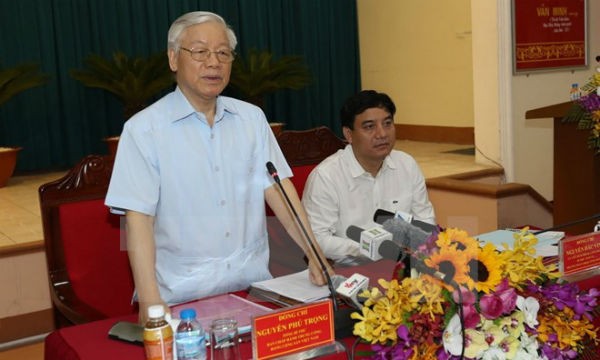 Tổng Bí thư Nguyễn Phú Trọng phát biểu tại buổi làm việc với Ban Thường vụ Tỉnh ủy Nghệ An. (Ảnh: Trí Dũng/TTXVN)