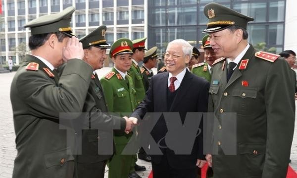 Tổng Bí thư Nguyễn Phú Trọng và Bộ trưởng Bộ Công an Tô Lâm với các đại biểu dự hội nghị. (Ảnh: Trí Dũng/TTXVN)