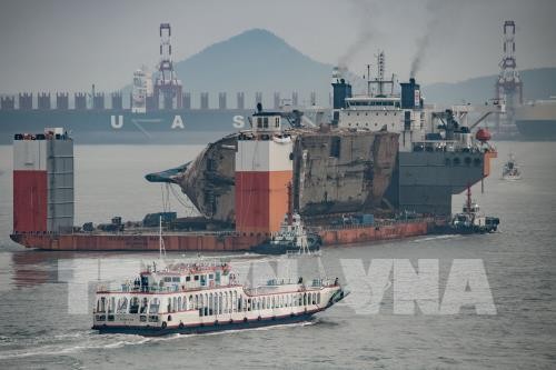 Phà Sewol được trục vớt và đưa vào cảng Mokpo, Hàn Quốc ngày 31/3. Ảnh: AFP/TTXVN