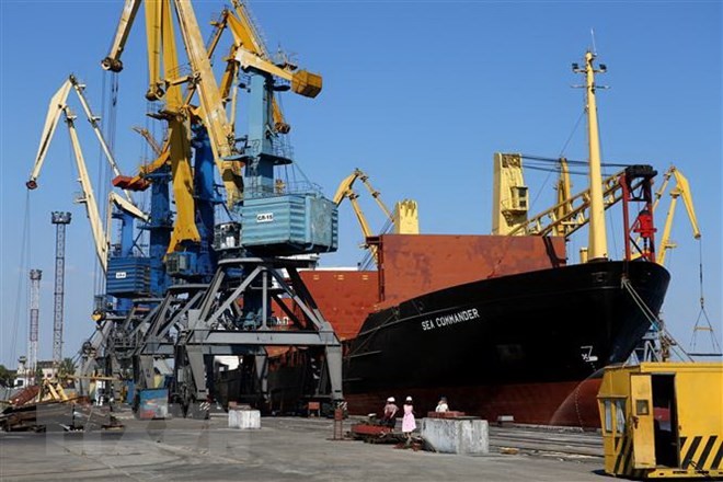 Tàu neo tại cảng Mariupol trên biển Azov, ngày 16/8/2018. (Ảnh: AFP/TTXVN)