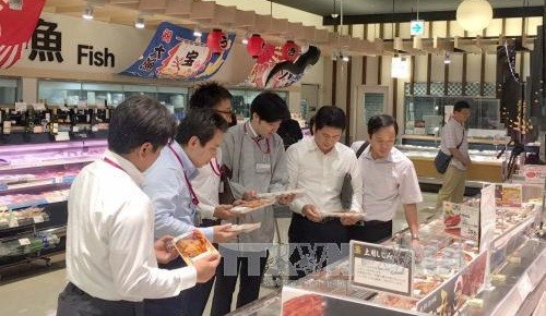 Đại diện Bộ Công Thương và cán bộ phụ trách siêu thị AEON Nhật Bản xem mặt hàng cá tra Việt Nam. Ảnh: Thành Hữu/TTXVN