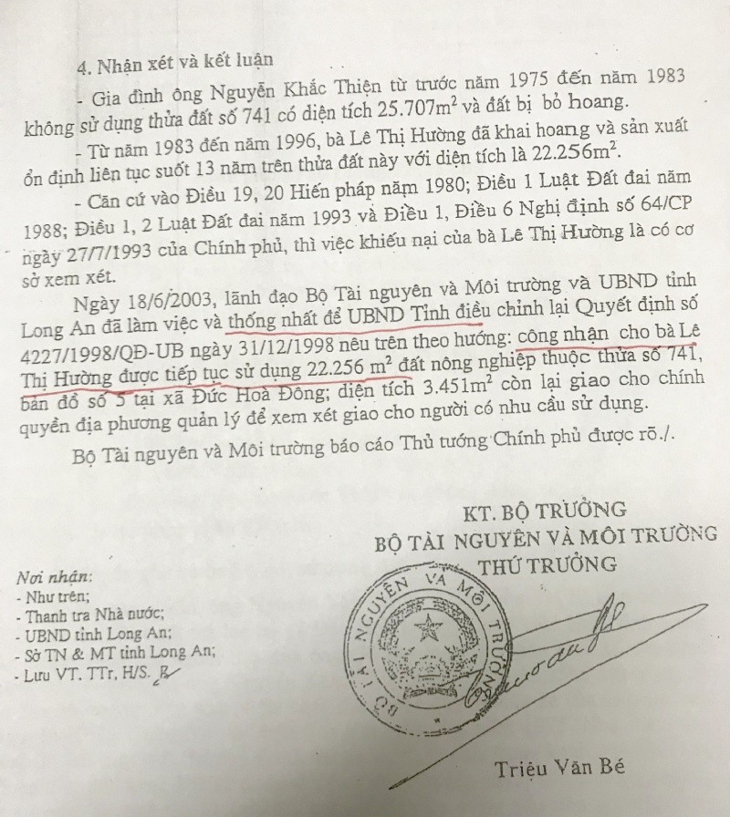 Theo Bộ TN&MT, đơn vị này và tỉnh Long An đã thống nhất công nhận đất cho bà Hường