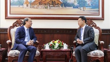Bộ trưởng Ngoại giao Lào Saleumxay Kommasith tiếp Thứ trưởng Nguyễn Quốc Dũng. Ảnh: TTXVN