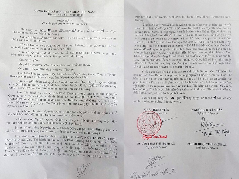 Ông Khánh không đồng ý thi hành án trong biên bản của Cục THADS Bình Dương sáng 29/8/2019