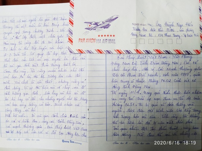 Bức thư cảm ơn của Trung sĩ Phan Đức Mạnh gửi đến Báo Pháp luật Việt Nam (VP Đông Nam bộ)