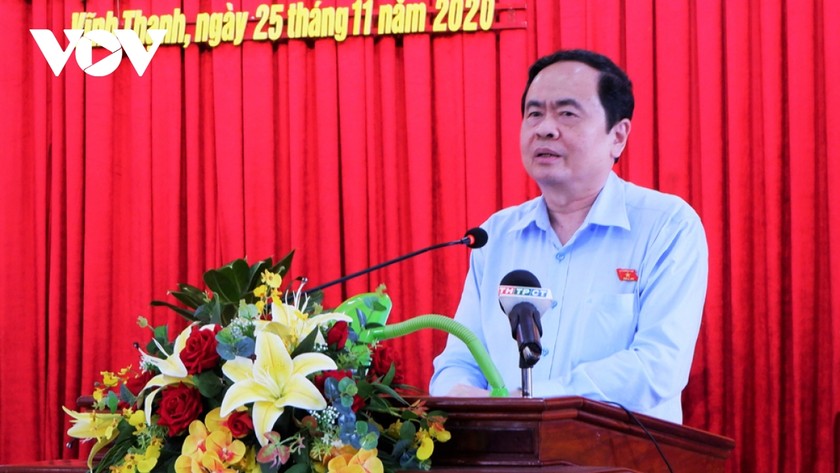 Chủ tịch UBTU MTTQ Việt Nam Trần Thanh Mẫn phát biểu tại buổi tiếp xúc. Ảnh VOV