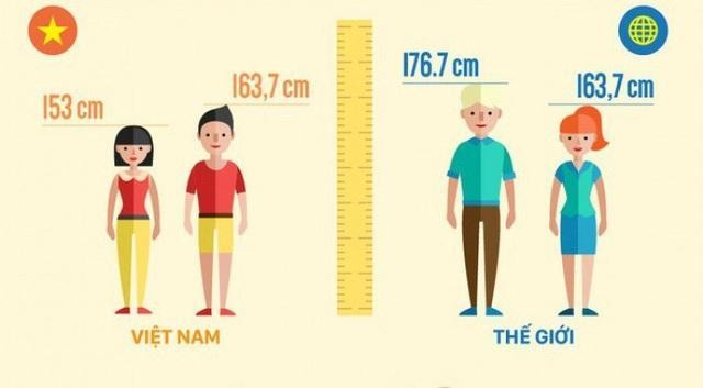 Chiều cao của người Việt Nam so với trung bình thế giới.