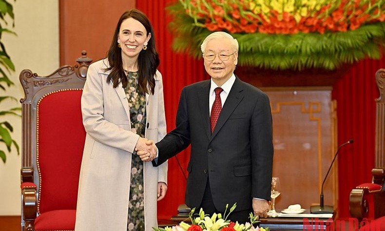 Tổng Bí thư Nguyễn Phú Trọng tiếp Thủ tướng New Zealand Jacinda Ardern.