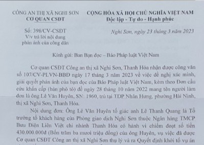 Văn bản 398/CV- CSĐT trả lời Báo Pháp luật Việt Nam của Công an TX Nghi Sơn.