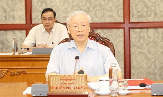 Tổng Bí thư Nguyễn Phú Trọng phát biểu kết luận cuộc họp. (Ảnh Trí Dũng-TTXVN)