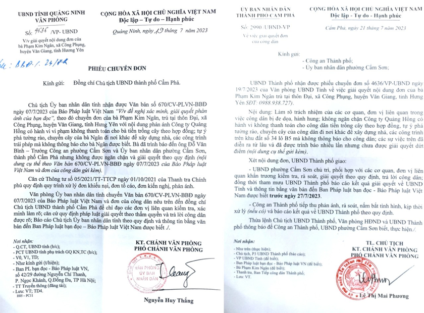 Công văn của Văn phòng UBND tỉnh Quảng Ninh và UBND TP Cẩm Phả gửi Báo PLVN. 