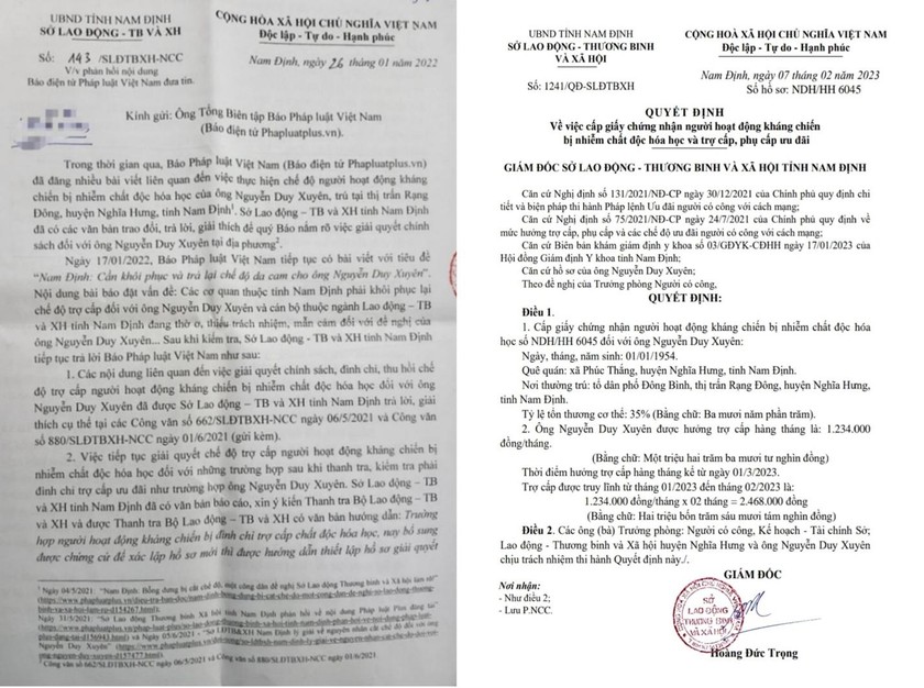 Văn bản của Sở LĐ,TB&XH tỉnh Nam Định ban hành liên quan đến vụ việc của ông Nguyễn Duy Xuyên.