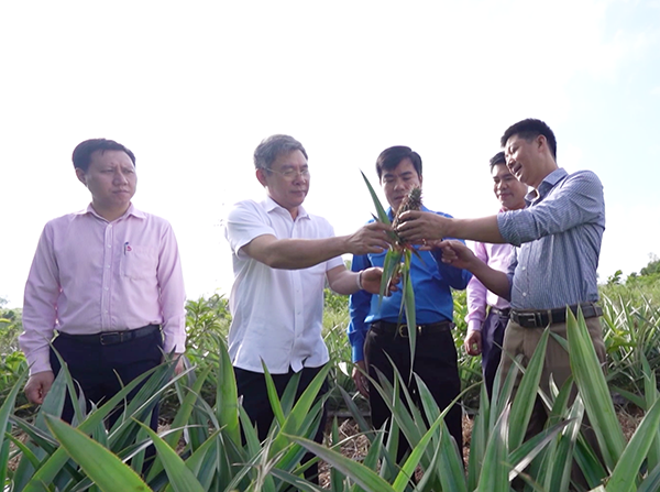 Anh Lê Trường Tùng (ngoài cùng, bên phải) - Giám đốc Công ty cổ phần chế biến nông sản Trung Thành khởi nghiệp thành công nguồn vốn chính sách. Ảnh: Hải Minh