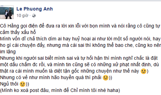Facebook của Phương Anh cho biết cô giáo đã gửi lời xin lỗi và cảm thấy xấu hổ về hành động của mình.