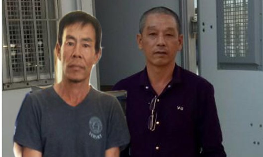 Nguyễn Đình Quang (bên phải) trốn nã 26 năm và Hồ Viết Hiền bị bắt về quy án. 