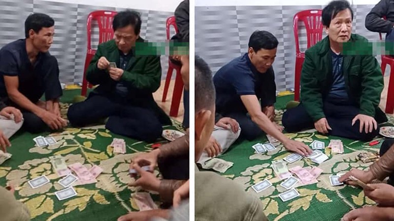 Hình ảnh Chủ tịch UBND xã Hương Lâm, Phạm Đại Dũng (mang áo xanh dài tay) tham gia đánh bạc.
