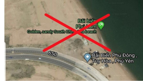 Google Maps ghi sai thông tin về bãi biển của TP. Tuy Hòa. Ảnh chụp lại màn hình lúc 19h tối 18/4.
