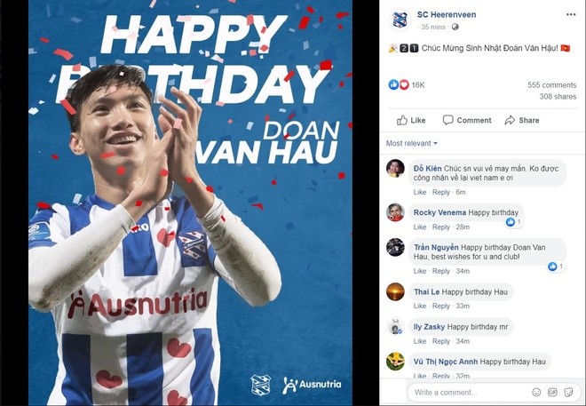 CLB Heerenveen chúc mừng sinh nhật tuổi 21 của Văn Hậu