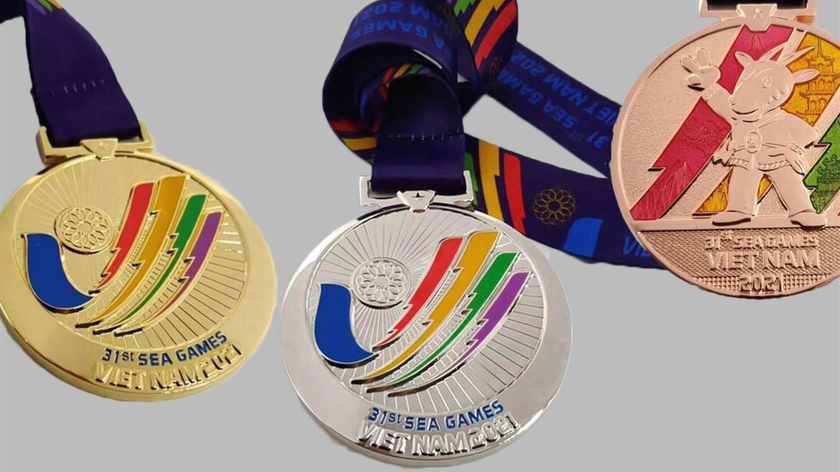 Mẫu huy chương vàng, bạc, đồng (từ trái sang) tại SEA Games 31. Ảnh: Sở VH&TT Hà Nội. 
