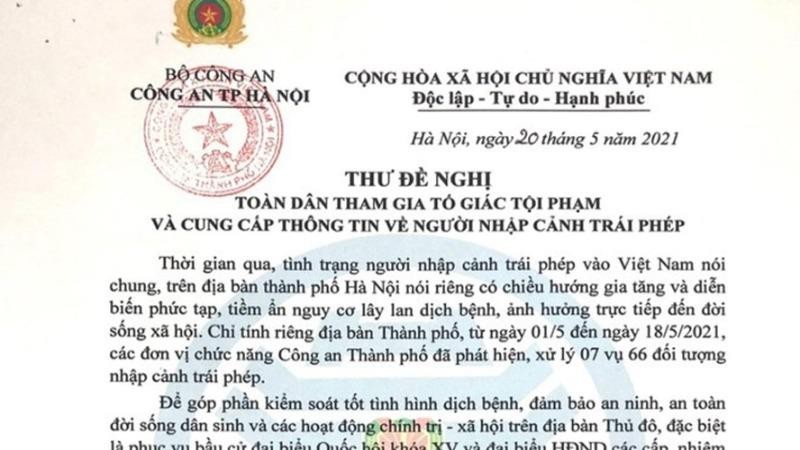 Thư đề nghị của Công an TP. Hà Nội.