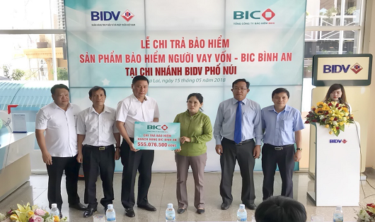 Ông Trần Hoài An, Tổng Giám đốc BIC, trao hơn 555 triệu đồng tiền bảo hiểm cho gia đình khách hàng Ngô Văn Hùng