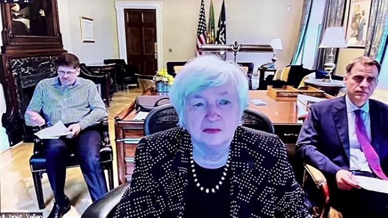 Bộ trưởng Tài chính Hoa Kỳ Janet Yellen tại buổi làm việc trực tuyến.