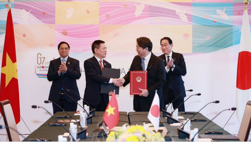 Bộ trưởng Bộ Tài chính Việt Nam Hồ Đức Phớc và Bộ trưởng Bộ Ngoại giao Nhật Bản Hayashi Yoshimasa ký kết các văn kiện hợp tác dưới sự chứng kiến của Thủ tướng Phạm Minh Chính và Thủ tướng Kishida Fumio.