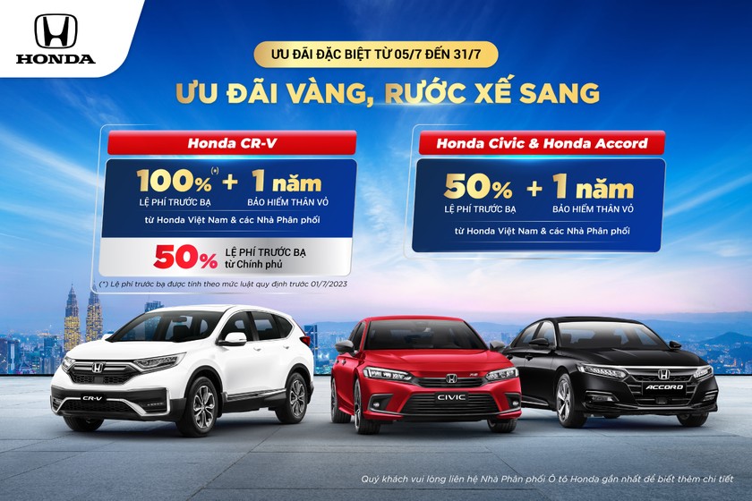 Honda Việt Nam ưu đãi cho khách hàng mua xe Honda CR-V, Honda Civic và Honda Accord trong tháng 7