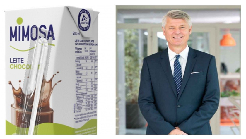 Hộp sữa có lớp màng bảo vệ làm từ giấy và ông Ola Elmqvist, Phó Chủ tịch Điều hành phụ trách các Giải pháp đóng gói, Tetra Pak 