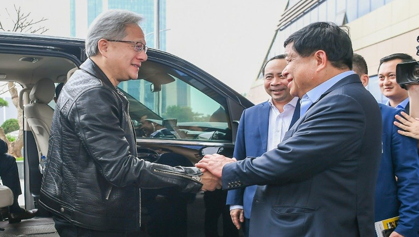 Bộ trưởng Bộ KH&ĐT Nguyễn Chí Dũng (bên phải) tiếp đón Chủ tịch, Tổng Giám đốc Tập đoàn NVIDIA Jensen Huang. (ảnh: MPI)