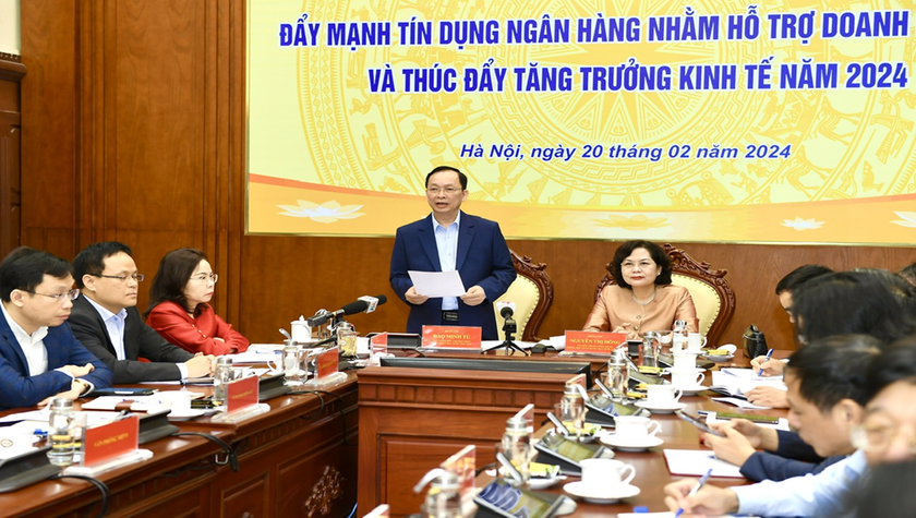 Thống đốc NHNN Nguyễn Thị Hồng và Phó Thống đốc NHNN Đào Minh Tú chủ trì Hội nghị. Ảnh: NHNN