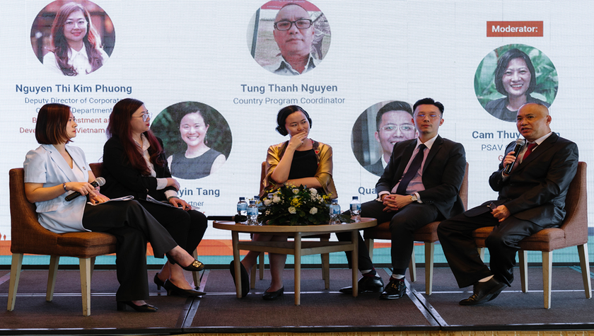 Bà Nguyễn Thị Kim Phượng - Phó Giám đốc Ban Khách hàng doanh nghiệp BIDV (thứ hai từ trái qua), tham gia thảo luận tại Diễn đàn đầu tư quốc gia.