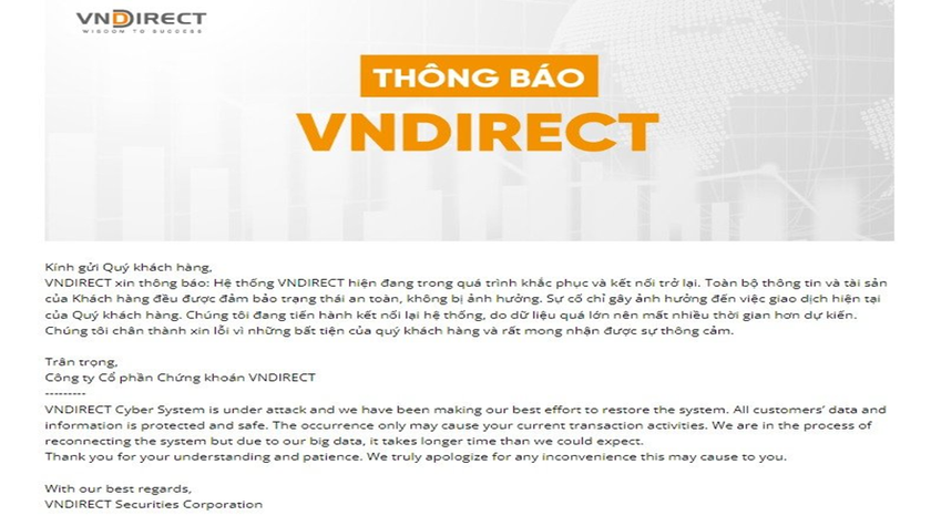 Thông báo trên trang web của VNDirect