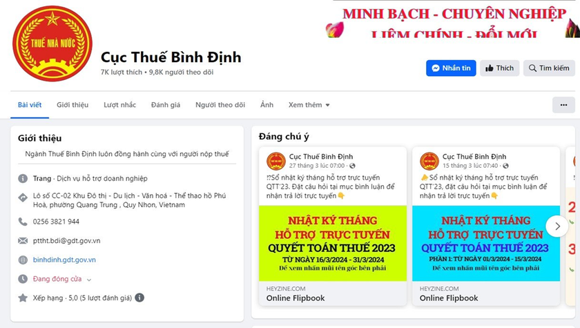 Trang facebook của Cục Thuế tỉnh Bình Định