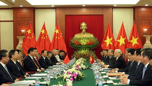 Tổng Bí thư Nguyễn Phú Trọng hội đàm với Tổng Bí thư, Chủ tịch Trung Quốc Tập Cận Bình tại Trụ sở Trung ương Đảng - Ảnh: VGP/Hải Minh