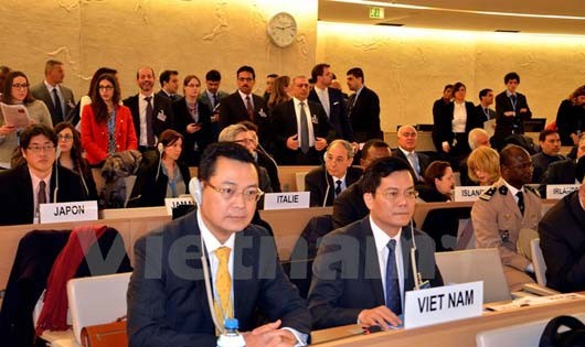 Đoàn Việt Nam tại Hội nghị cấp cao khóa 31 Hội đồng Nhân quyền Liên hợp quốc. (Ảnh: Tố Uyên/Vietnam+)