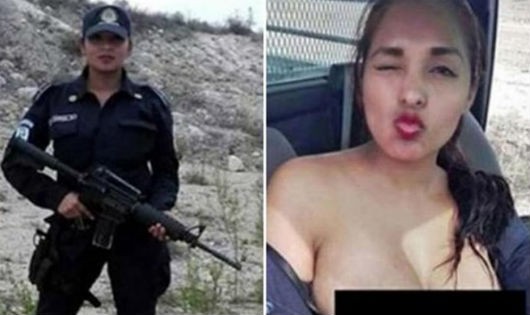 Nữ cảnh sát Mexico chụp ảnh tự sướng trên ôtô tuần tra. (Nguồn: The Sun)