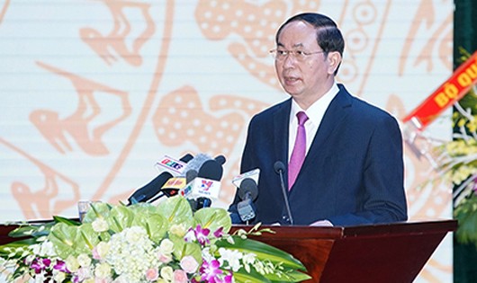Chủ tịch nước Trần Đại Quang đề nghị tỉnh Lào Cai thực hiện nhiều giải pháp, phấn đấu trở thành tỉnh phát triển ở khu vực Tây Bắc. Ảnh: Báo Lào Cai