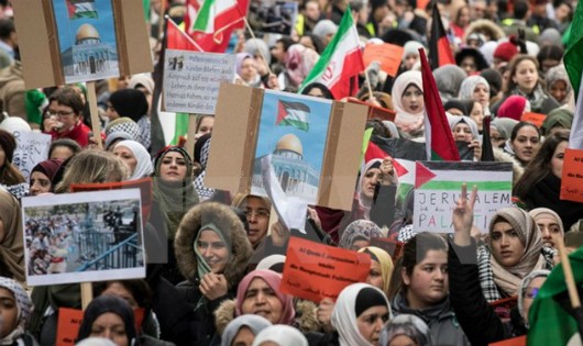 Khoảng 1.000 người đã tham gia cuộc tuần hành tại thành phố Frankfurt của Đức ngày 16/12 để phản đối quyết định của Tổng thống Mỹ Donald Trump công nhận Jerusalem là thủ đô của Israel. (Nguồn: AFP/TTXVN)
