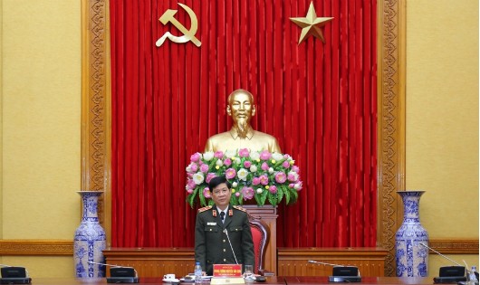 Thứ trưởng Nguyễn Văn Sơn phát biểu tại cuộc họp. Ảnh: Cổng thông tin điện tử Bộ Công an.