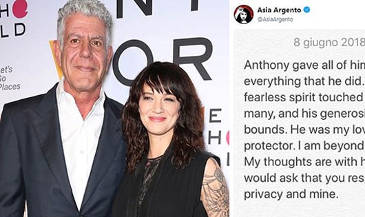 Asia Argento, bạn gái của Anthony Bourdain  chia sẻ trên Twitter sau cái chết của ông. Ảnh: REX.