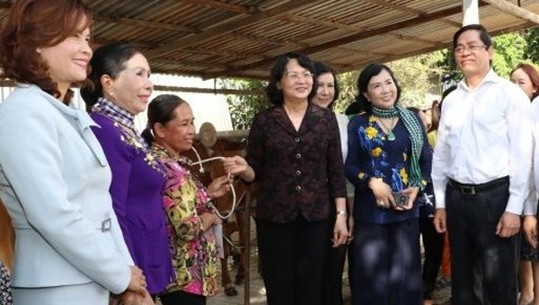 Phó Chủ tịch nước Đặng Thị Ngọc Thịnh cùng Câu lạc bộ phụ nữ từ thiện trao bò sinh sản các hộ phụ nữ nghèo.