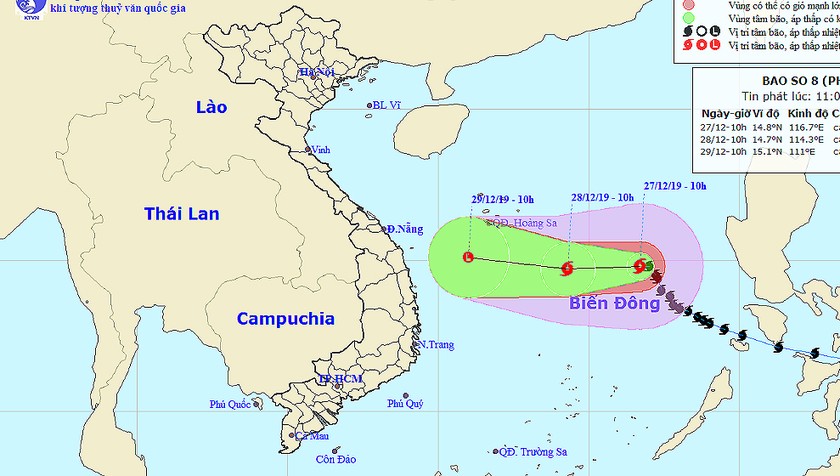 Cảnh báo vùng nguy hiểm do bão số 8 trên Biển Đông